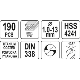 ZESTAW WIERTEŁ DO METALU 190SZT 1-13MM