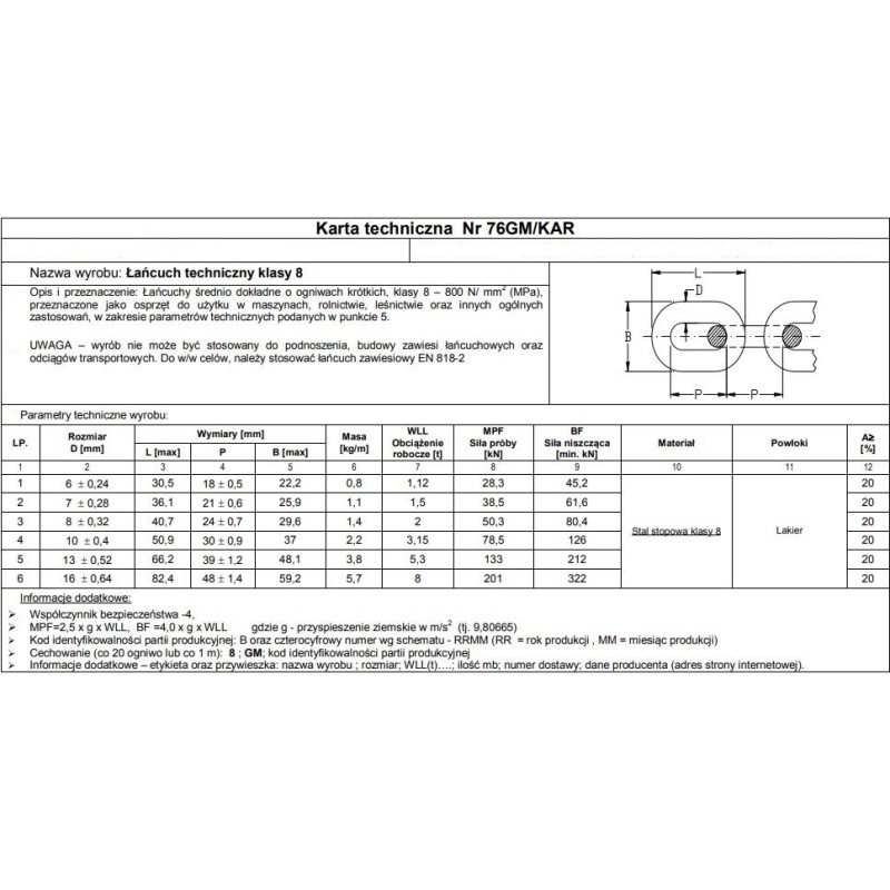 ŁAŃCUCH TECHNICZNY CZARNY 6MM G8 WLL 1.15T